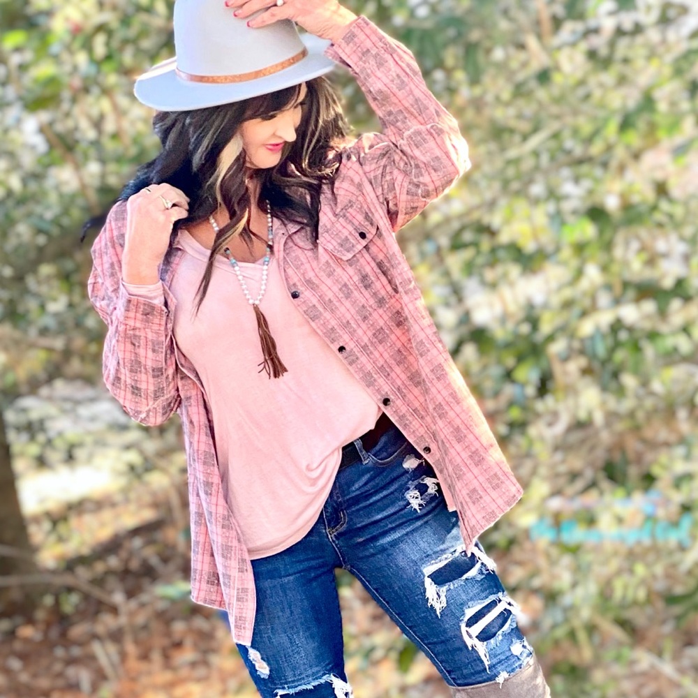 Pink - Corduroy Plaid Button Down